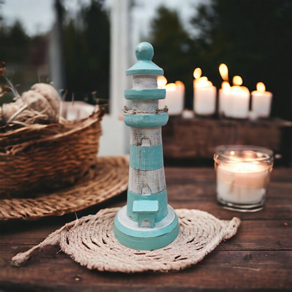 Wood Lighthouse - Turquoise And White - 30cm