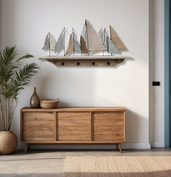 Sail Boat Wood And Metal Wall Hanger With Hooks