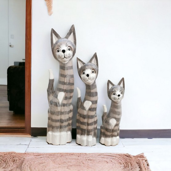 Bali Wood Cat Set of 3 - Greys With White 50m/40cm/30cm