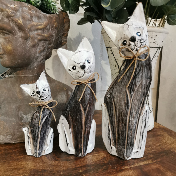 Wood Cat Set of 3 Standing - Brown & White 26/20/15cm