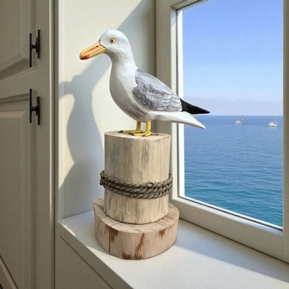 Wood Seagull Standing On Wood Trunk – 28cm