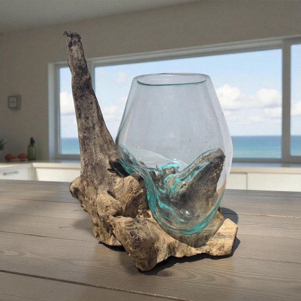 Medium Hand Blown Glass Bowl On Driftwood Base Design 11