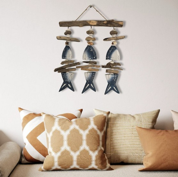 Driftwood With Stone And Shells Hanger With 3 Blue And White Fishes 28x35cm Driftwood With Stone And Shells Hanger With 3 Blue And White Fishes 28x35cm