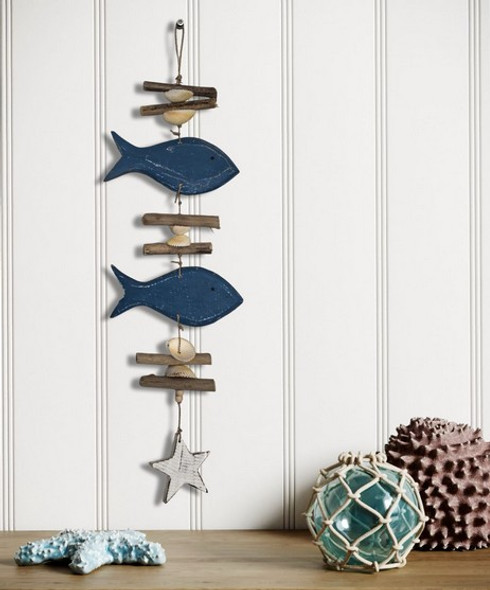 Driftwood With Stone And Shells Hanger With 2 Blue Fishes And White Star 60cm Driftwood With Stone And Shells Hanger With 2 Blue Fishes And White Star 60cm