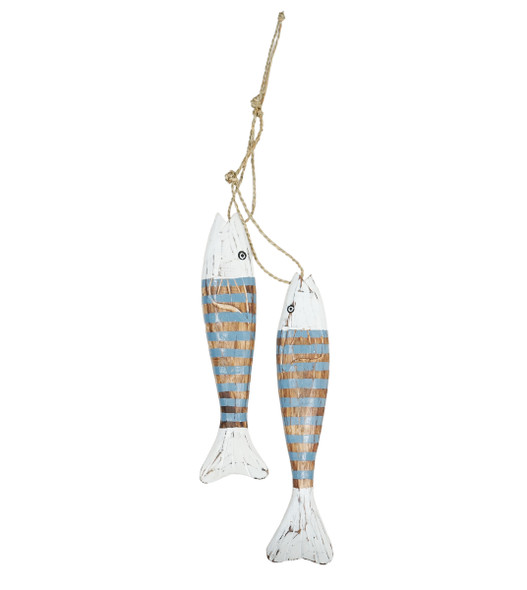 Wooden String 2 Blue, Brown And White Fishes - 30cm