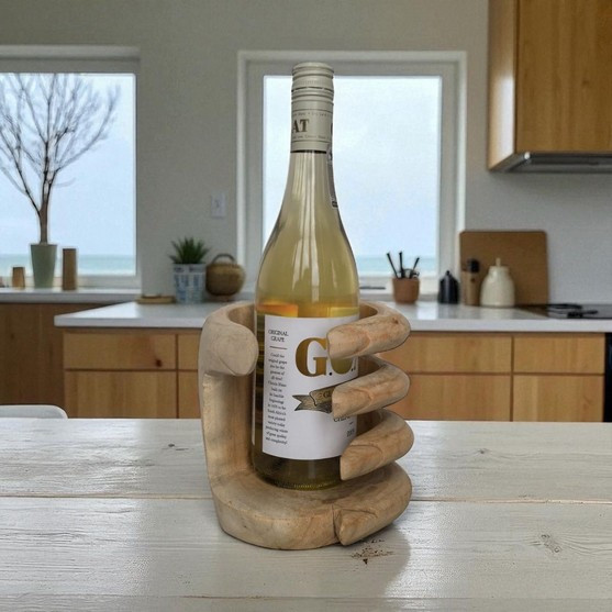 Hand Carved Suar Wood Wine Bottle Holder Beige/Natural– Hand Décor Medium