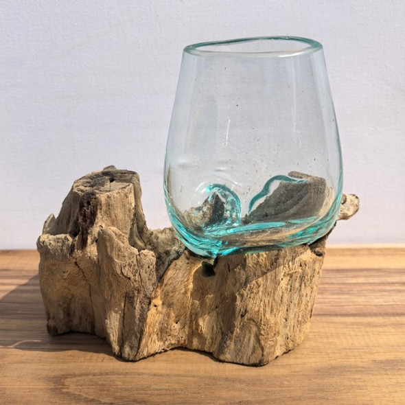 Small Hand Blown Glass Bowl On Driftwood Base Design 1