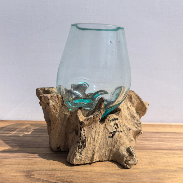 Small Hand Blown Glass Bowl On Driftwood Base Design 2