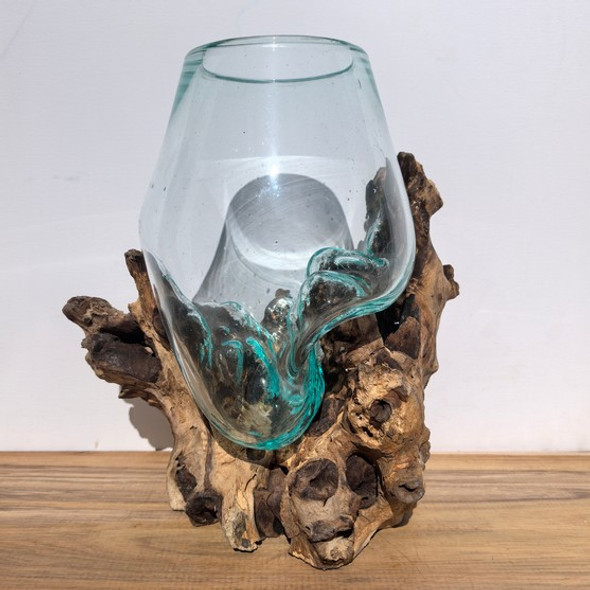 Medium Hand Blown Glass Bowl On Driftwood Base Design 12