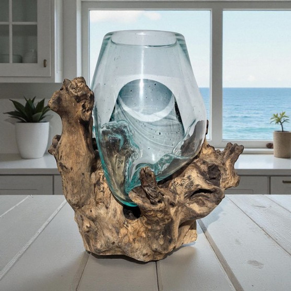 Medium Hand Blown Glass Bowl On Driftwood Base Design 12
