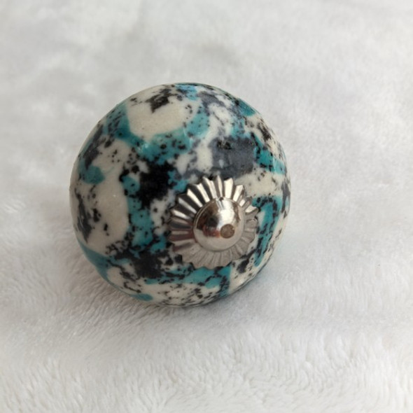 Ceramic Doorknob - Beige With Turquoise And Black Design