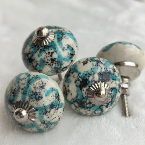Ceramic Doorknob - Beige With Turquoise And Black Design