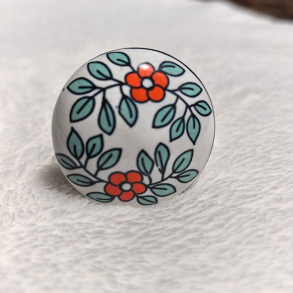 Ceramic Doorknob – Red Flower With Turquoise Leaves