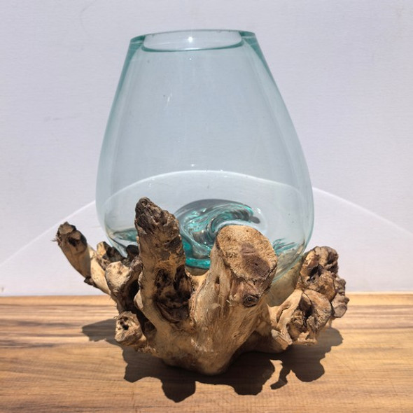 Large Hand Blown Glass Bowl on Driftwood Base Design 8