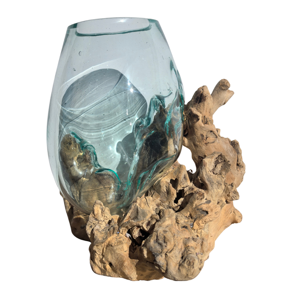 Large Hand Blown Glass Bowl on Driftwood Base Design 8