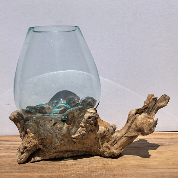 Large Hand Blown Glass Bowl on Driftwood Base Design 9