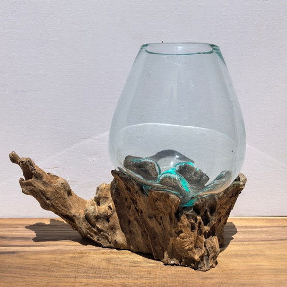 Large Hand Blown Glass Bowl on Driftwood Base Design 9