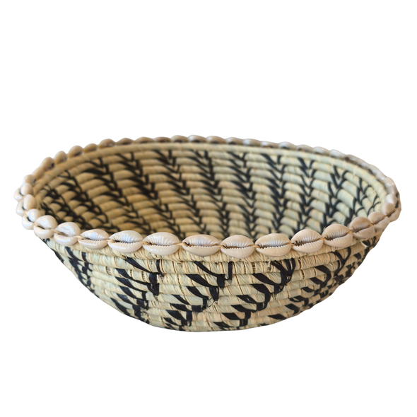 Woven Basket Thick Weave Beige And Black with Cowrie Shells 27cm