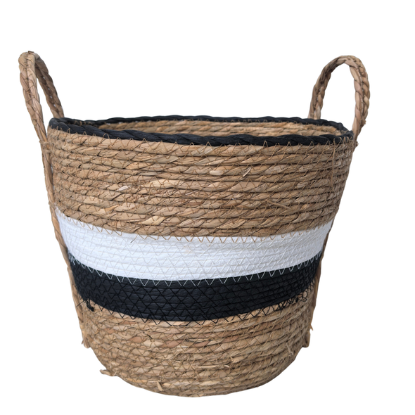 Black And White  With Brown Weaved Basket With Handels