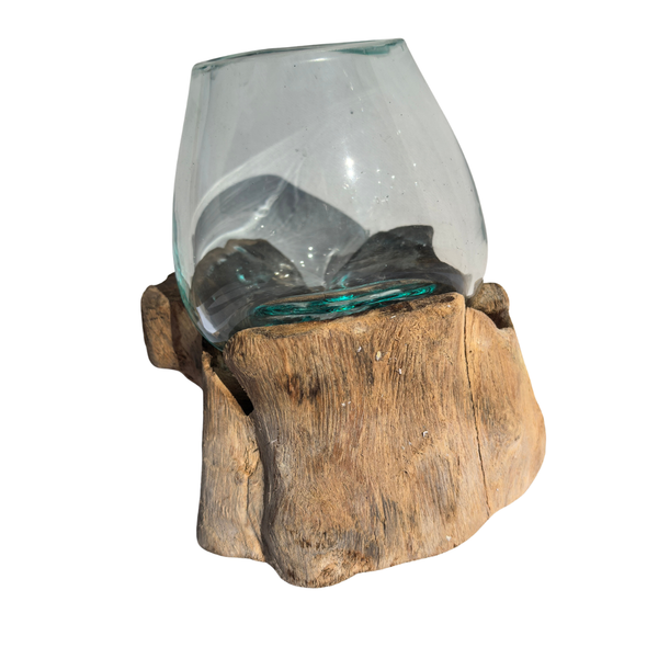 Small Hand Blown Glass Bowl On Driftwood Base Design 8