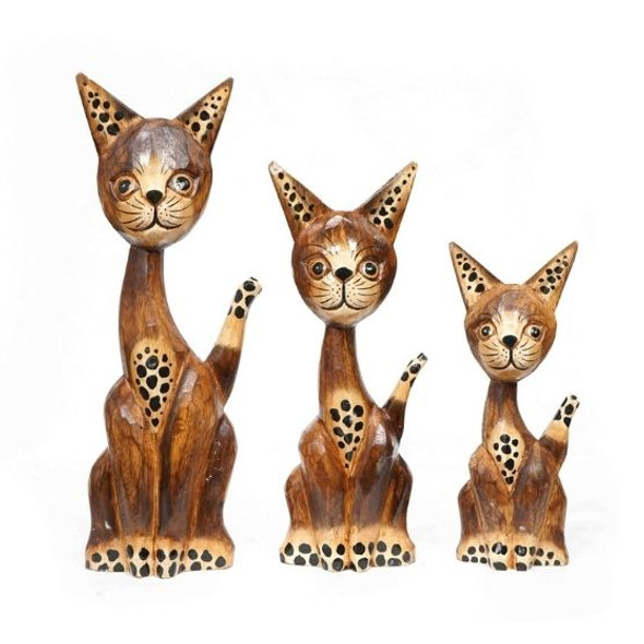 Bali Hand Carved Cat Set of 3 - Brown And Black 30,25,20cmcm