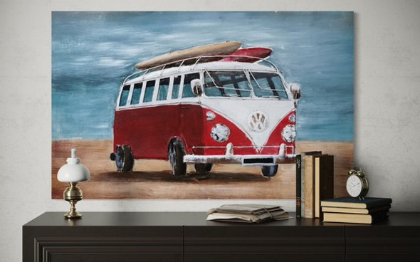 3D Metal Art - Red VW Kombi With Surfboards
