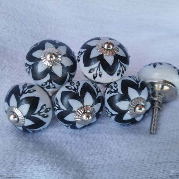 Ceramic Doorknob -White With Black Flower