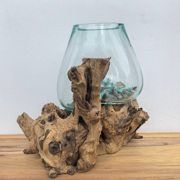 Large Hand Blown Glass Bowl on Driftwood Base Design 1 Large Hand Blown Glass Bowl on Driftwood Base Design 1