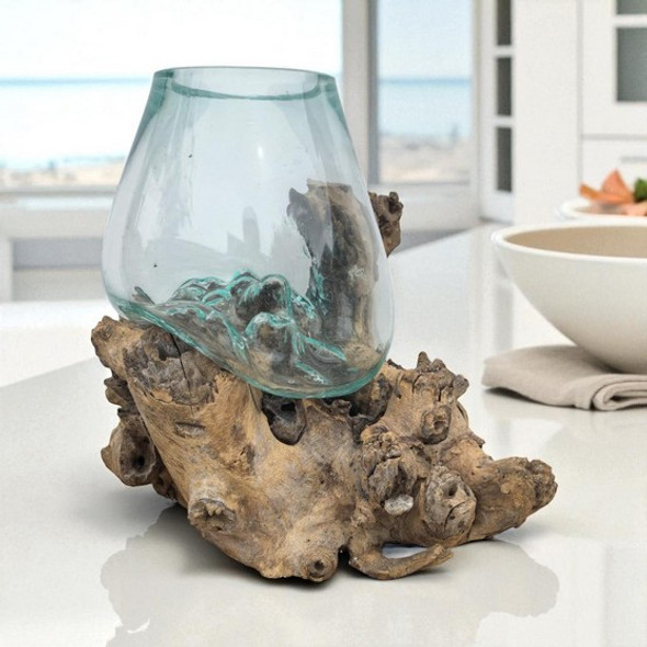 Large Hand Blown Glass Bowl on Driftwood Base Design 1 Large Hand Blown Glass Bowl on Driftwood Base Design 1