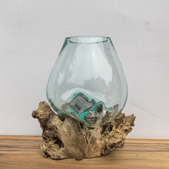 Large Hand Blown Glass Bowl On Driftwood Base Design 4