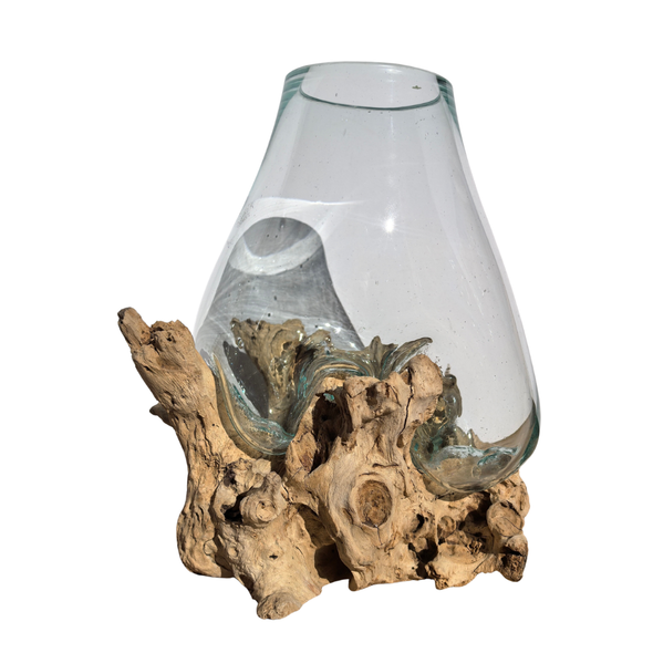 Large Hand Blown Glass Bowl On Driftwood Base Design 4