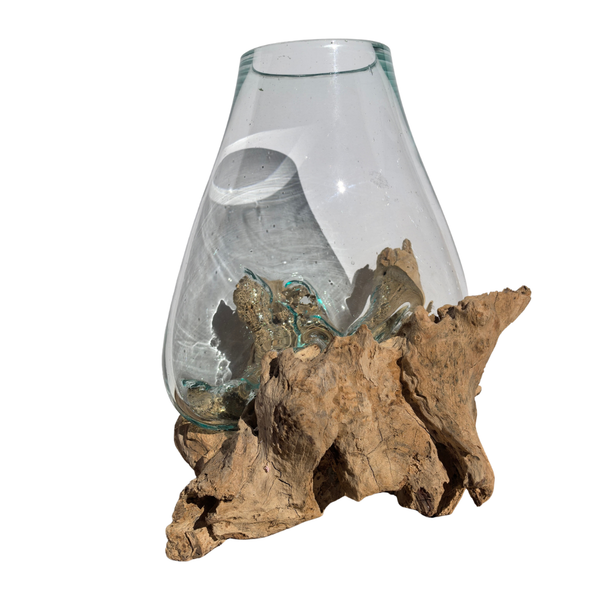 Large Hand Blown Glass Bowl On Driftwood Base Design 4