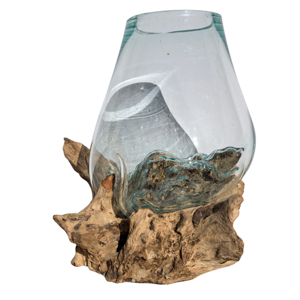 Large Hand Blown Glass Bowl on Driftwood Base Design 6