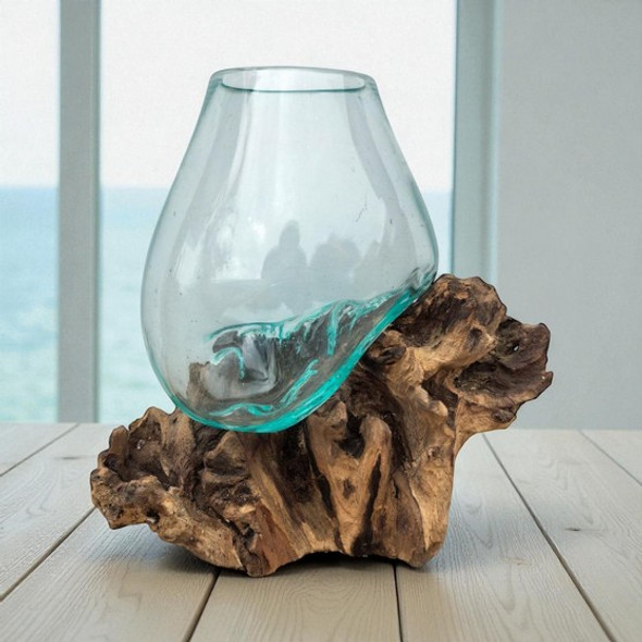 Medium Hand Blown Glass Bowl On Driftwood Base Design 4