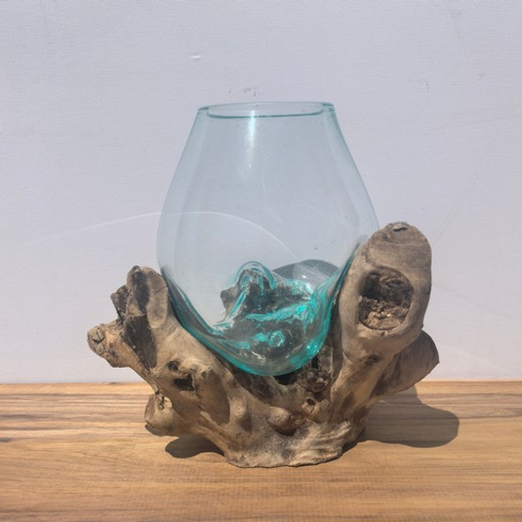 Medium Hand Blown Glass Bowl On Driftwood Base Design 7