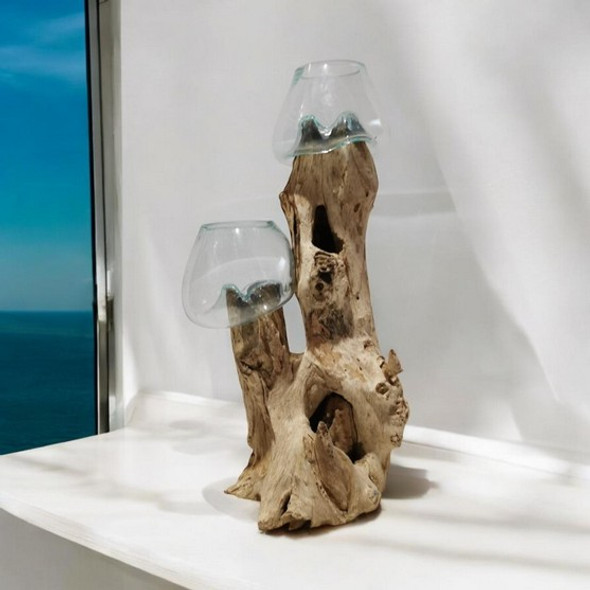 Extra Large Double Glass Bowl on Driftwood Decor - Design 1