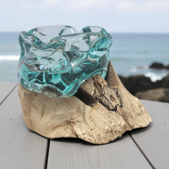 Small Hand Blown Glass Ashtray On Wood Design 1