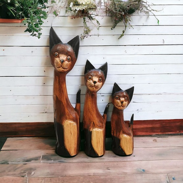 Bali Wood Cat Set of 3 Standing - Black & Brown 50m,40cm,30cm
