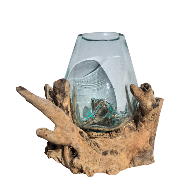 Large Hand Blown Glass Bowl on Driftwood Base Design 7