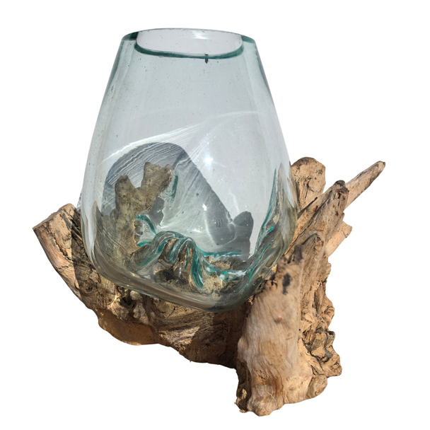 Large Hand Blown Glass Bowl on Driftwood Base Design 7
