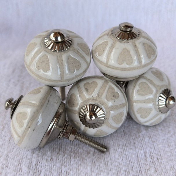 Ceramic Doorknob - Cream With Beige Hearts