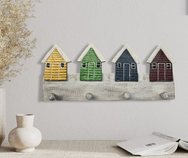 4 Hook Wood Hanger With 4 Houses, Yellow, Green, Blue And Red 4 Hook Wood Hanger With 4 Houses, Yellow, Green, Blue And Red
