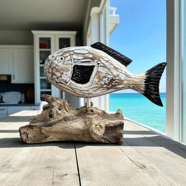 Hand Carved Painted White Washed Fish On Driftwood