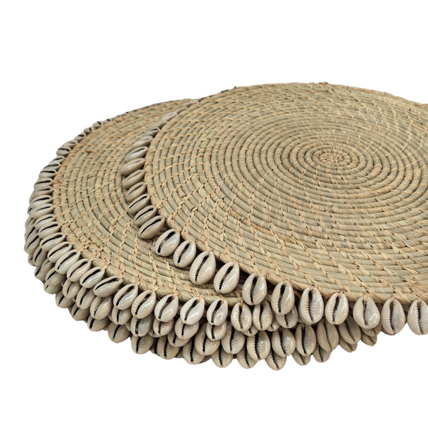 Woven Placemat Thin/Fine Weave Beige  With Cowrie Shells 39cm & set of 6