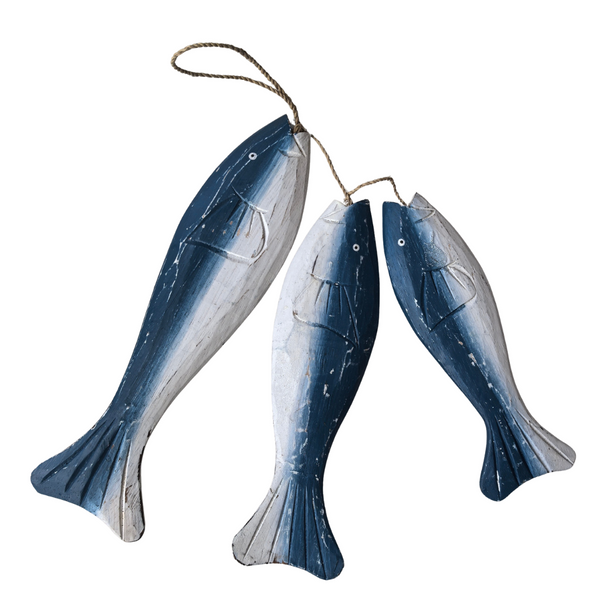 3 Flat Body Wooden Fish On String - Blue & White - 30cm 3 Flat Body Wooden Fish On String - Blue & White - 30cm