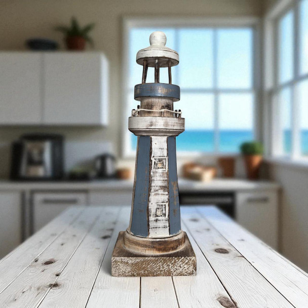 Wood Lighthouse Ldenim Blue And Whitewashed Look- 30cm