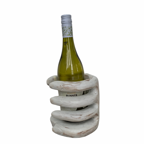 Hand Carved Suar Wood Wine Bottle Holder White Wash– Hand Décor Medium