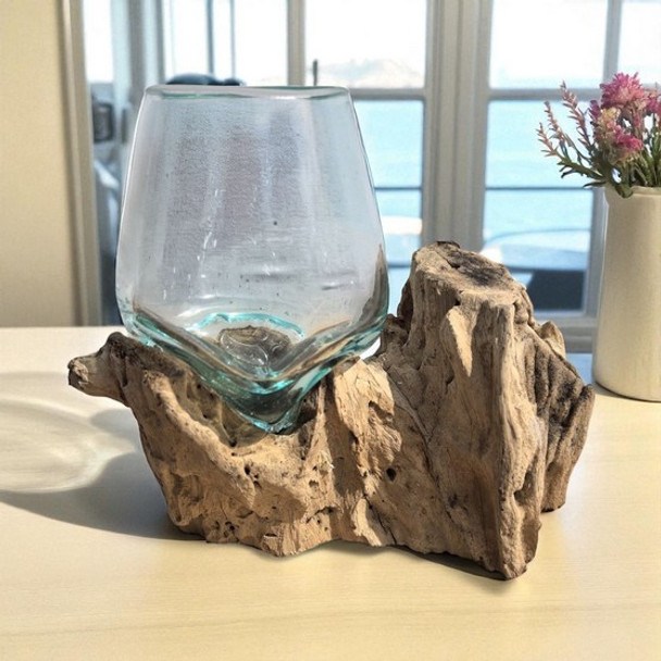 Small Hand Blown Glass Bowl On Driftwood Base Design 1