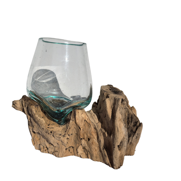 Small Hand Blown Glass Bowl On Driftwood Base Design 1