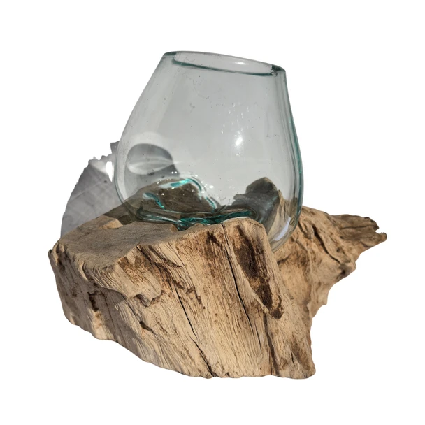 Small Hand Blown Glass Bowl On Driftwood Base Design 2